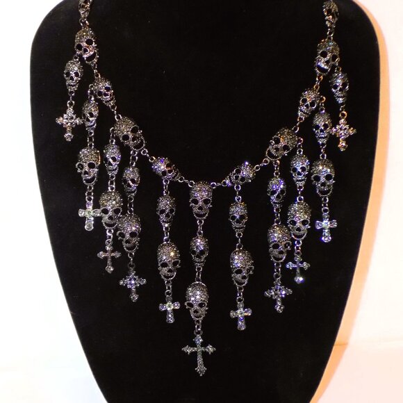 New Eye Candy Glass Crystals Tiered Skulls & Crosses Statement Bib Necklace - Picture 2 of 9